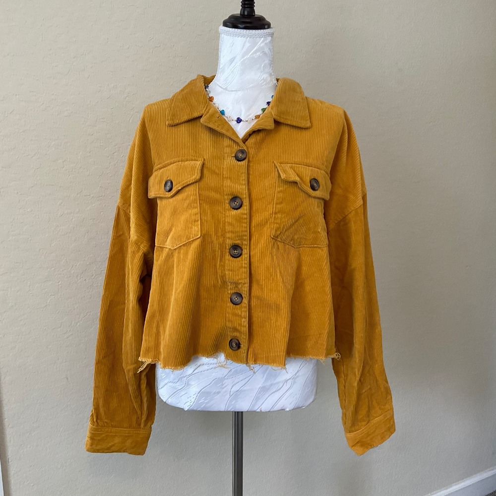 Forever 21 Plus Mustard Yellow Corduroy Cropped Shacket 1X Raw Hem Boho Jacket